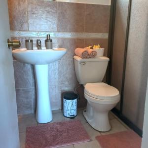a bathroom with a toilet and a sink at Merahi House Cabañas I in Hanga Roa +58 photos