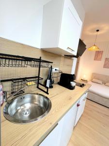 a kitchen with a sink and a room with a bed at Studio Prestige, Cocon de Charme & Confort in Saint-Quentin