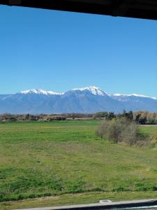 a field with snow covered mountains in the background at Aithra Suite - Europa Hotel in Korinos