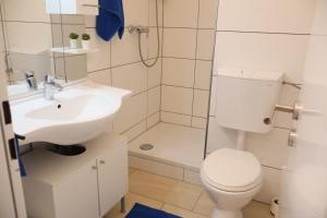 a bathroom with a toilet and a sink and a shower at Exklusive Studio-Apartments mit Balkon in Bad Rothenfelde +17 photos