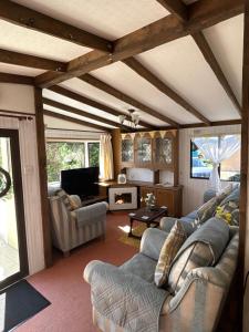a living room with two couches and a tv at Beautiful Rural Holiday Chalet With Hot tub and Igloo cinema in Lincolnshire +39 photos