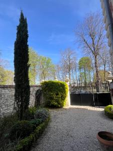 a garden with a tree and a fence at La HALTE des CAVALIERS in Compiègne