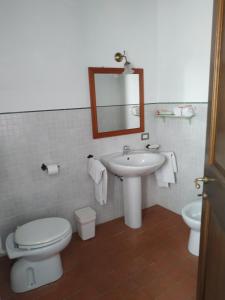 a bathroom with a sink and a toilet and a mirror at Agriturismo Il Conventino in Vallicchio +27 photos
