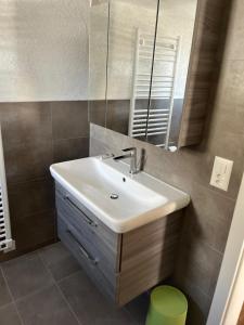 a bathroom with a sink and a mirror at Appartement entier dans chalet traditionnel in Bratsch +40 photos