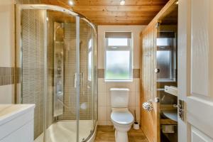 a bathroom with a toilet and a glass shower at Field View 2 bed 'S'- Spruce in Eye +9 photos