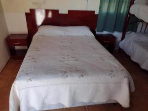 a bed with a white comforter on top of it at Hospedaje Andacollo in Balde del Rosario