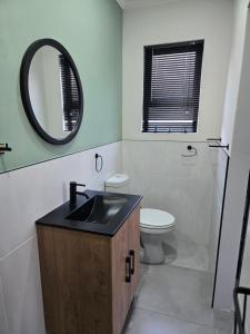 a bathroom with a sink and a toilet and a mirror at Stay at Searle in Kirkwood +6 photos
