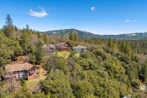 an aerial view of a house in the woods at Hidden Views Cabin in Twain Harte