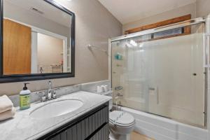 a bathroom with a shower and a sink and a toilet at Hot Tub - Huge Deck - Lake Access in Twain Harte