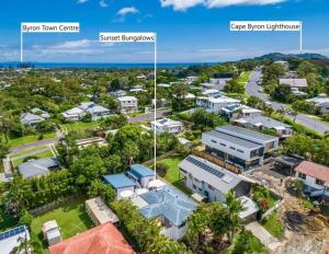 an aerial view of a town with buildings at Sanctuary Spaces - Sunset Bungalow 101 in Byron Bay