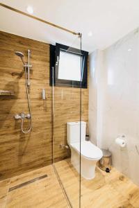 a bathroom with a toilet and a glass shower stall at Sithonian Sunset Luxury Apartments in Skála Nikíta