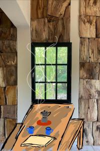 a painting of a table in a room with a window at Hostel Waysanú in Capilla del Monte