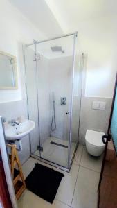 a bathroom with a shower and a toilet and a sink at Rustic Tale Guesthouse in Tale