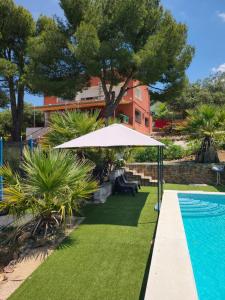 a swimming pool with an umbrella next to a yard at Casa Terra in Hontanar