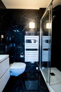 a bathroom with a toilet and a glass shower at 2 Chambres - 150m plage - Centre & Marché 50m - Parking - Linge & Menage inclus in Houlgate +35 photos