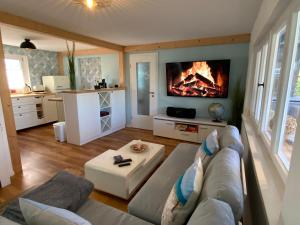 a living room with a couch and a fireplace at Ferienhaus am Wald - Leipzig Land Whirlpool & Infrarotkabine in Brandis