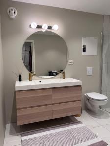 a bathroom with a sink and a mirror and a toilet at 2 minute walk from ONS exhibiton area in Stavanger