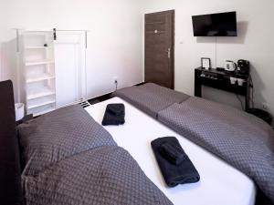 a bedroom with two beds and a desk and a television at Hotel Central in Ostrava