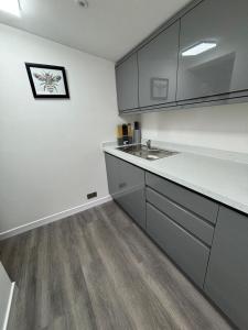 a kitchen with gray cabinets and a sink in it at Newly refurbished Annexe in Wareham +7 photos