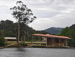 a building with a tree next to a body of water at Hostal Viña in Outes