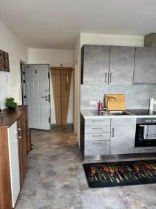 a kitchen with a sink and a stove top oven at Hellwig Ferienwohnung 5 in Bernburg