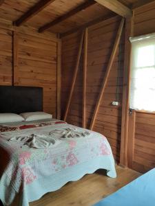 a bedroom with a bed in a wooden room at Chalés sítio anjo gabriel 3 in Urubici