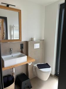 a bathroom with a sink and a toilet and a mirror at Lykke Huus Tinyhaus an der Nordsee mit Fasssauna in Schweiburg +15 photos