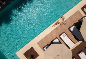 an overhead view of a pool with a person swimming at El Cielo Resort in Valle de Guadalupe
