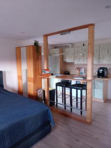 a bedroom with a bed and a kitchen with a table at Heimathafen Hamelwörden in Wischhafen