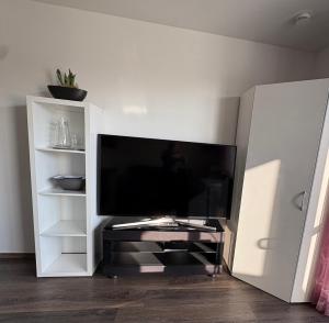 a flat screen tv in a white entertainment center at Apartments Reischl in Bergkirchen
