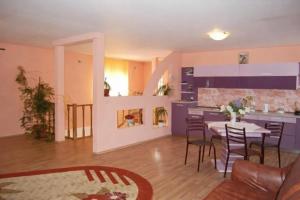 a kitchen and dining room with a table and a fireplace at Casa Denis in Cristian