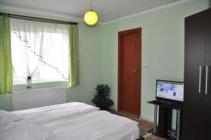 a bedroom with a bed and a window and a television at Casa Denis in Cristian