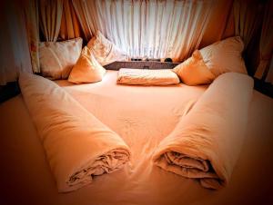 a large white bed with pillows and a window at Charming Mobile Home Retreat in Ebbs, Austria - Tranquil Escape in Ebbs