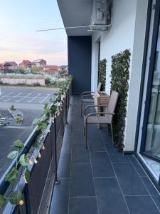 a balcony with chairs and potted plants on a building at Apartament DAR25 in Sînmartin