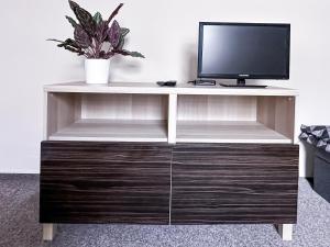 a tv stand with a television on top of it at Apartmány Žalák in Ostrava