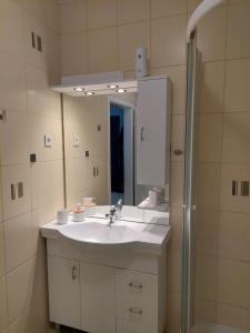 a bathroom with a sink and a mirror at Apartma Katarina's place in Bovec +22 photos