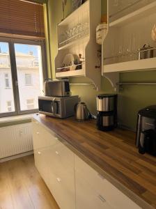 a kitchen with a counter top with a microwave at Apartment Mare in Rostock +10 photos