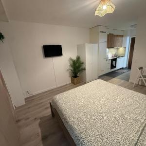 a white bedroom with a bed and a tv at Flor- Sakura Gare Lausanne in Lausanne +9 photos