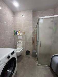 a bathroom with a toilet and a washing machine at apartment in Itʼkhvisi