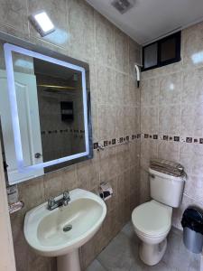 a bathroom with a sink and a toilet and a mirror at Cozy suite and Jacuzzi overlooking the ocean in Volcán Chimborazo