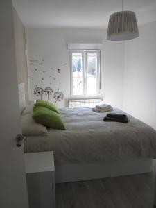 a bedroom with a bed with green pillows and a window at Loló Vivienda de uso Turístico 09-27 in Burgos