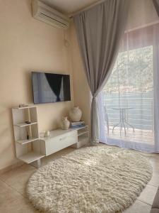 a living room with a large window and a white rug at Apartments Sofia in Kotor