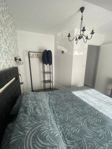 a bedroom with a bed and a chandelier at chez Sandrine in La Gacilly