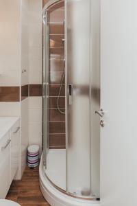 a shower with a glass door in a bathroom at Lavanda Rooms & Apartment - Malinska in Malinska +76 photos
