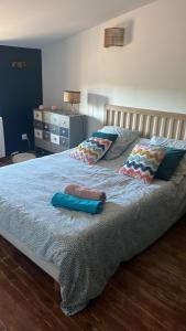 a bedroom with a bed with two pillows on it at Villa Valent in Cazilhac +41 photos