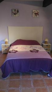 コティニャックにあるGite Les Oliviersのベッドルーム1室(紫の毛布が敷かれたベッド1台付)