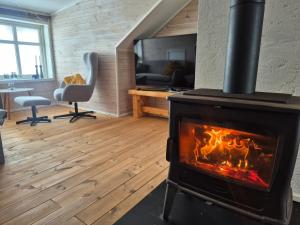 a living room with a wood stove in a room at Molden Sky - takterrasse med egen jacuzzi! in Luster