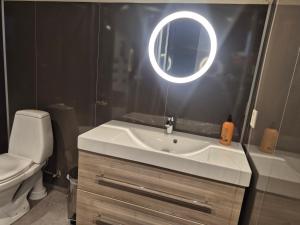 a bathroom with a sink and a mirror and a toilet at Molden Sky - takterrasse med egen jacuzzi! in Luster +23 photos