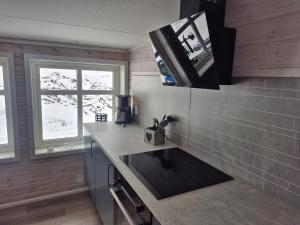 a kitchen with a sink and a window at Molden Sky - takterrasse med egen jacuzzi! in Luster