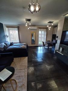 a living room with a couch and a table at MonDa apartman in Salgótarján